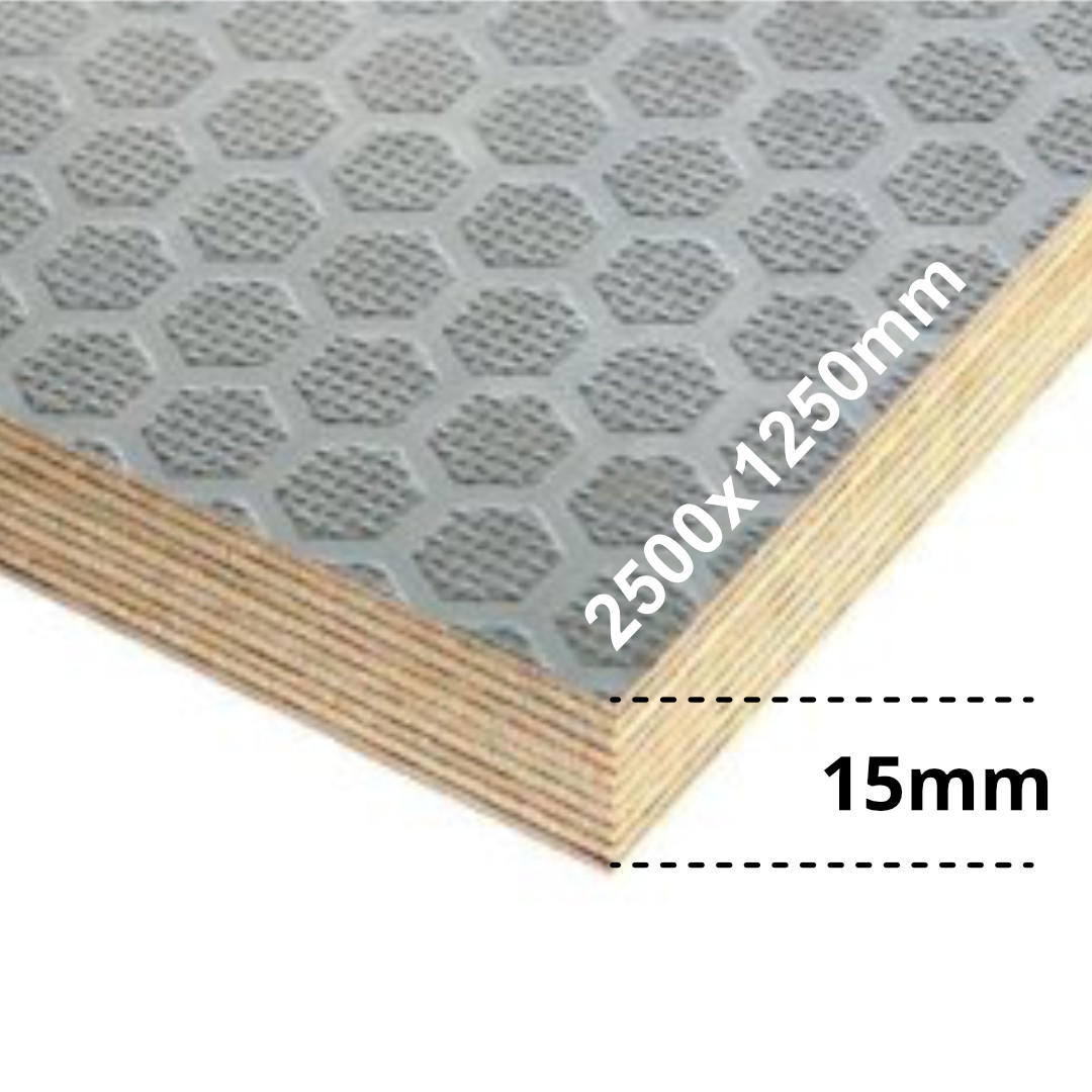 Preglejka sivá Bojkun Sivá protišmyková preglejka topoľ 250cmx125cm, hrúbka 15mm, vzor hexagon – Obrázok 1