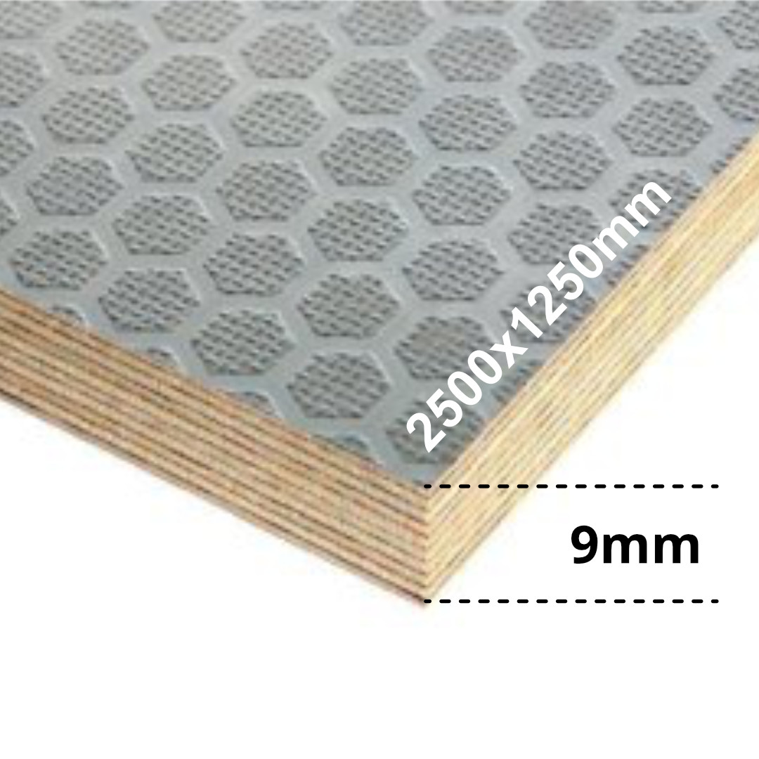 Preglejka sivá Bojkun Sivá protišmyková preglejka breza 250cmx125cm, hrúbka 9mm, vzor hexagon – Obrázok 1