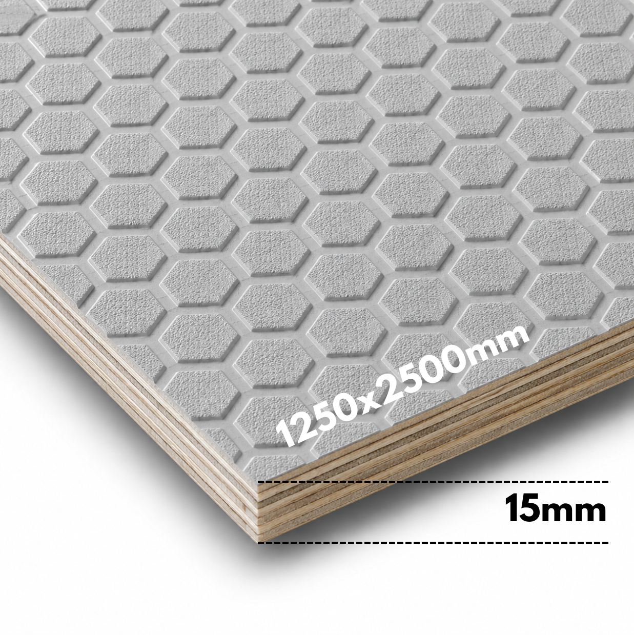 Preglejky pre každý projekt (1) Sivá protišmyková preglejka topoľ 250x125cm, hrúbka 15mm, vzor hexagon – Obrázok 1
