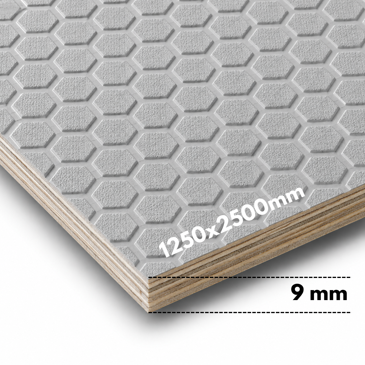 Preglejky pre každý projekt (2) Sivá protišmyková preglejka breza 250x125cm, hrúbka 9mm, vzor hexagon – Obrázok 1